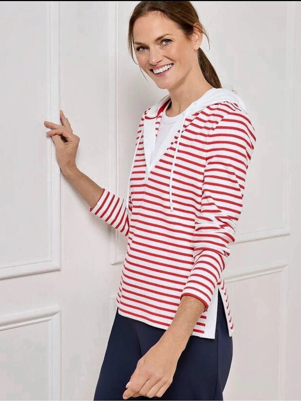 Karen Scott Red and white striped hoodie- white inseam detailing size M